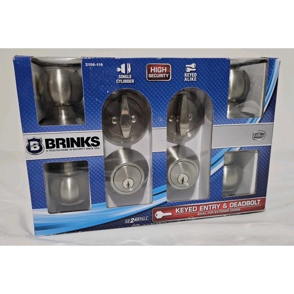 Brinks Keyed Entry & Deadbolt Ball Knob Set Satin Nickel 2106-119 High Security